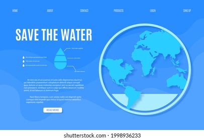 Web page Save the Water banner design template in paper cut style. Outline circle with Earth map silhouette on blue background. 22 March World Water Day website. Vector environmental card concept