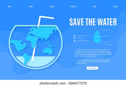 Web page Save the Water banner design template in paper cut style. Outline aquarium is half empty with drink straw and blue Earth map silhouette. 22 March World Water Day website vector concept