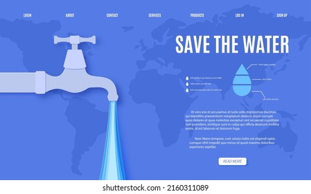 Web page Save the Water banner design template in paper cut style. Faucet tap with a dripping water drop and Earth map silhouette. 22 March World Water Day website. Vector card illustration