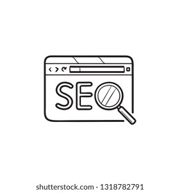 Web page with search engine and magnifier hand drawn outline doodle icon. Search engine optimization concept. Vector sketch illustration for print, web, mobile and infographics on white background.