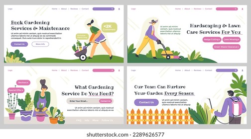 Web page set for gardening service advertising. Flat man woman worker character at landing banner collection, vector illustration. Garden service and maintenance offer at website design