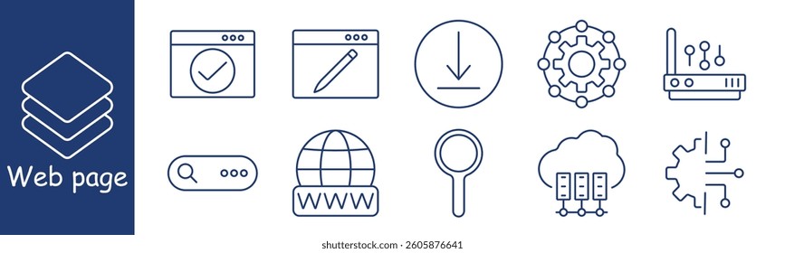 Web page set icon. Approval, edit, download, search, globe, settings, cloud system, browser, configuration, showing control, website management, user interface, internet