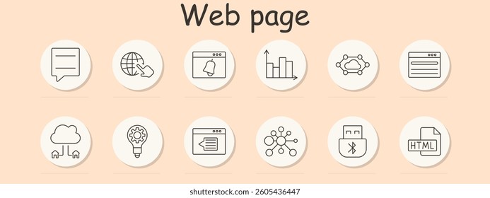 Web page set icon. Chat, click, bell, chart, cloud, form, sync, idea, gear, nodes, bluetooth, html file.