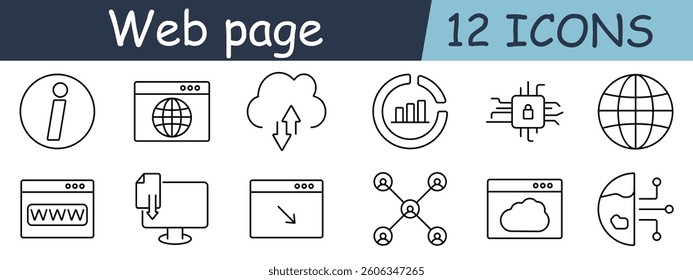 Web page set icon. Info, browser, cloud, analytics, security, globe, interface, download, monitor, network, data, server