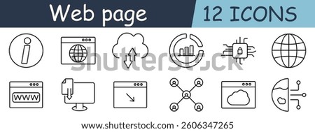 Web page set icon. Info, browser, cloud, analytics, security, globe, interface, download, monitor, network, data, server