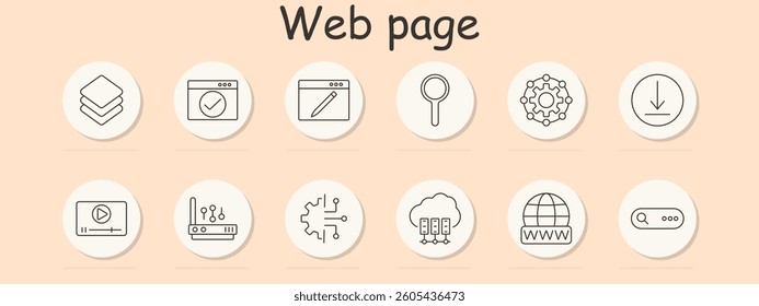 Web page set icon. Layers, check, edit, search, setting, download, video, control, circuit, server, domain, search bar