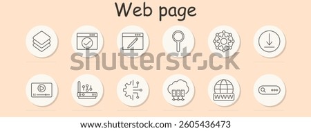 Web page set icon. Layers, check, edit, search, setting, download, video, control, circuit, server, domain, search bar