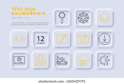 Web page set icon. Search bar, magnifier, settings, globe, stack, download, video, chart, router, cloud, interface, server, web tech