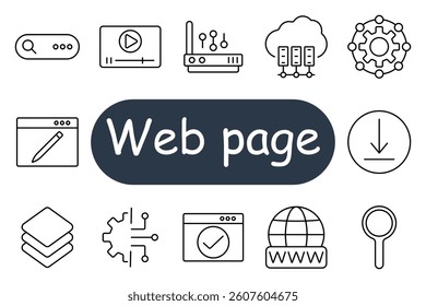 Web page set icon. Search, media, router, server, setting, edit, download, layers, check, global, magnifier, technology, access, interface, content, visualization.