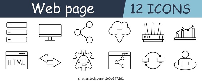 Web page set icon. Server, screen, share, cloud, router, graph, html, arrows, headset, network, browser, user
