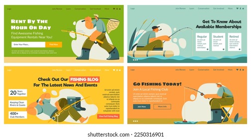 Web page set with join local fishing club offer. Landing banner collection with flat man character hold fishing rod, vector illustration. Rent special equipment, read fishing blog at colorful website