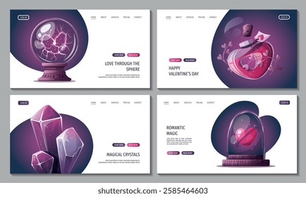 Web page set with magic ball, love potion, crystals, heart in a glass dome. Romantic, magic love, esoteric concept. Vector illustrations.