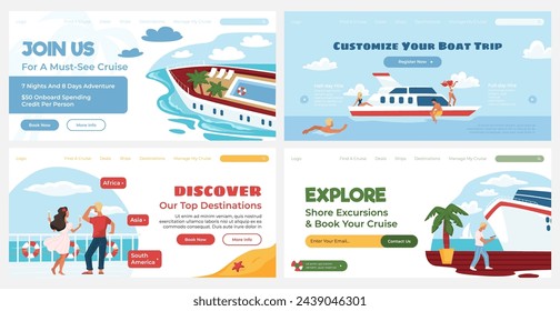 Web page set with summer cruise trip advertising. Shore excursion promotion at landing banner collection, vector illustration. Flat young man woman character at boat journey, website design