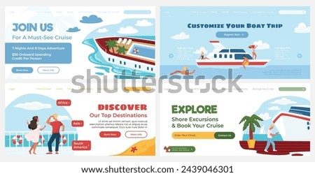 Web page set with summer cruise trip advertising. Shore excursion promotion at landing banner collection, vector illustration. Flat young man woman character at boat journey, website design