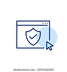 Web page, shield and checkmark. Trusted and secure website. Pixel perfect, editable stroke icon