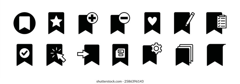 Web page site bookmark icon vector set. Containing click button, add, remove, star favorite, rename or edit, list, save, settings, enter, copy, primary, open, manager, show