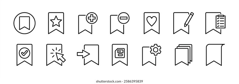 Web page site bookmark thin line icon set. Containing click button, add, remove, star favorite, rename or edit, list, save, settings, enter, copy, primary, open, manager, show. Vector illustration