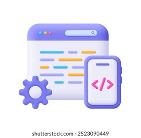 Web page and smartphone with code symbol and gear cogwheel. Web development, software engineering, setting and tools, programming and coding concept. 3d vector icon. Cartoon minimal style.