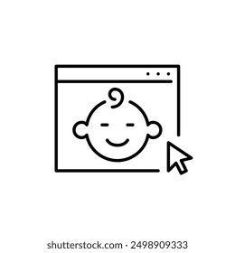 Web page, smiling baby and mouse click. User friendly parenting tools, quick baby updates. Pixel perfect vector icon