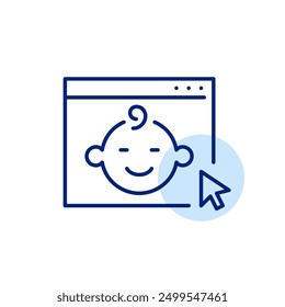 Web page, smiling baby and mouse click. User friendly parenting tools, quick baby updates. Pixel perfect, editable stroke icon
