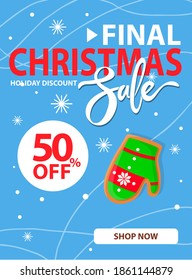 Web page with snowflakes and mitten, final Christmas sale and holiday discount, 50 percent off. Winter holidays card with white and red text for selling vector
