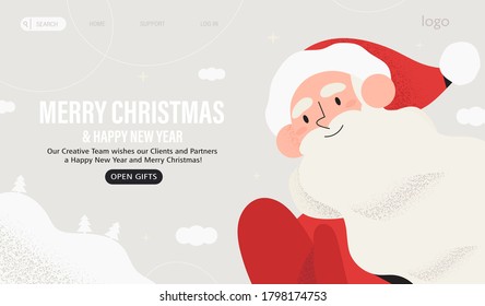 Web page, social media or landing page banner with happy smiling Santa Claus congratulate with winter holidays on a snowy background. Merry Christmas and Happy New Year poster, banner, flyer.