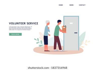 Web page with social worker helping senior woman with shopping, flat vector illustration on white background. Volunteerism and social support to elderly people.