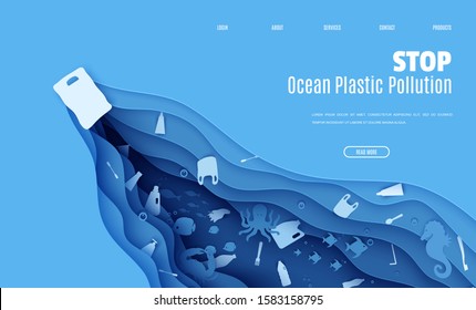 Web page stop ocean plastic pollution banner design template in paper cut style. A plastic bag floats in the sea, trash in the water. Seabed reef, fish in waves. Vector World Water Day website concept