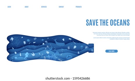 Web page stop ocean plastic pollution banner design template in paper cut style. Underwater view through the bottle silhouette. Seabed reef and fish in waves Vector World Water Day website concept.