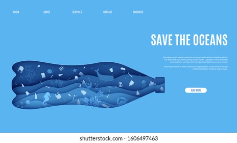 Web page stop ocean plastic pollution banner design template in paper cut style. Underwater view through the bottle silhouette. Seabed reef and fish in waves Vector World Water Day website concept.