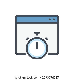 Página Web con icono de línea de color de cronómetro. Tiempo de respuesta en el sitio web con signo de color del contorno vectorial del temporizador.