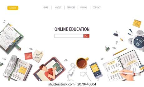 Web page with study supplies for Studying, education, learning, back to school, student, stationery. Vector illustration for poster, banner, website, advertising.