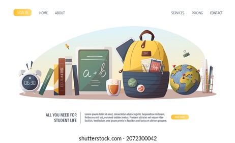 Página web con material de estudio para el estudio, la educación, el aprendizaje, el regreso a la escuela, el estudiante, el papelería. Ilustración vectorial para afiches, banner, sitio web, publicidad.