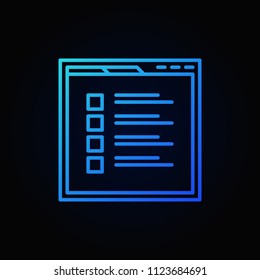 Web page with survey vector blue icon or symbol in thin line style on dark background