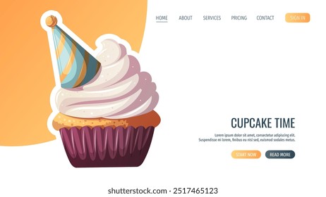 Página de Web con cupcake dulce. Postres, comida dulce, concepto de panadería. Ilustración vectorial Sitio web, Anuncio.