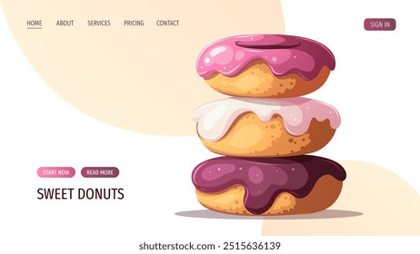 Página de Web con rosquillas dulces. Postres, comida dulce, concepto de panadería. Ilustración vectorial Sitio web, Anuncio.