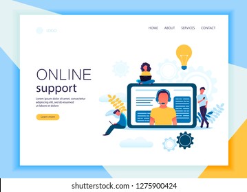 Web page templae of customer service, hotline operator advises client, online assistance concept. Online global technical support 24/7. Vector illustration for banner, presentation, social media.