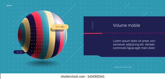 Web page template with 3D sphere, text, elements and halftones for business website design. Abstract background, banner for presentation and landing page. Eps10 vector.