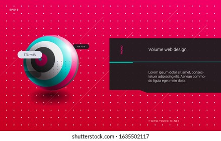 Web page template with 3D sphere, text, elements and halftones for business website design. Abstract background, banner for presentation and landing page. Eps10 vector.