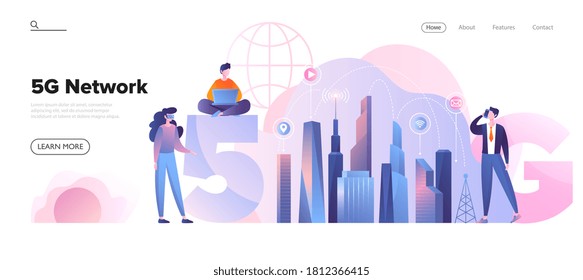 Web page template for a 5G network concept in city environment with diverse people using fast cellular connections for global telecommunication, colored vector illustration