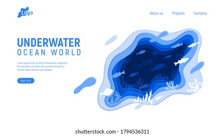 Web page template with abstract underwater shapes. Paper cut fish swim in the ocean. Wave, liquid, coral reefs, vector illustration isolated on white background. 