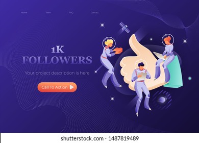Web page template with astronauts in spacesuits around big thumb up sign. Social networking universe concept.