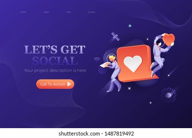 Web Page Template with astronauts in spacesuits around like sign in speech bubble. Social networking universe concept.