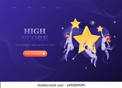 Web page template with astronauts in spacesuits around big stars. Hign score and best performance concept.