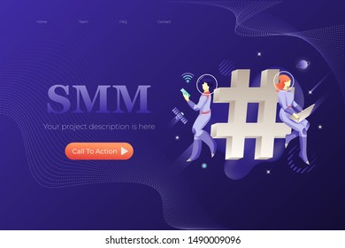 Web page template with astronauts in spacesuits around big hashtag sign. Social marketing universe concept.