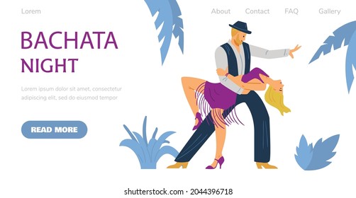 Web Page Template For Bachata Night Event In Dance Club With Beautiful Dancers, Flat Vector Illustration. Bachata Show Or Dance Evening Advertising Website.