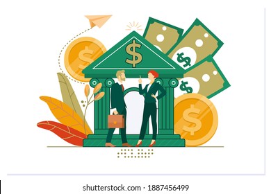 Plantilla de página web con financiación bancaria, intercambio de dinero, servicios financieros, ATM.Ilustración vectorial plana