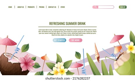 Web page template with beach cocktail in coconut with flower and seashells.Concept for web banner and landing page. Beach theme, tropical vacation