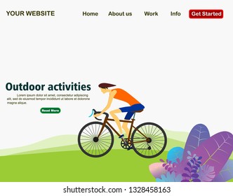 Web page template with bicycle riding man. Park, forest, and hills on background. Outdoor activities. Banner, site, poster template with place for your text. Vector -illustration