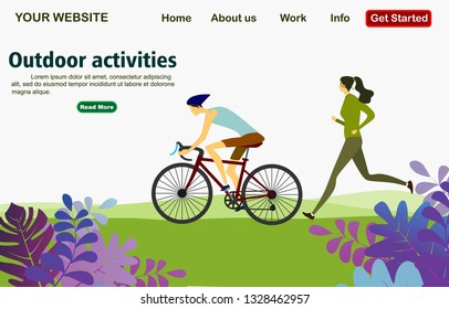 Web page template with bicycle riding man and girl is jogging . Park, forest, and hills on background. Outdoor activities. Banner, site, poster template with place for your text. Vector -illustration